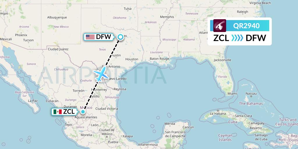 QR2940 Qatar Airways Flight Map: Zacatecas to Dallas