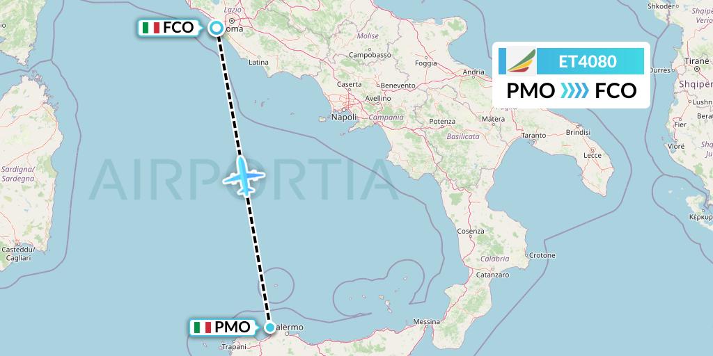 ET4080 Ethiopian Airlines Flight Map: Palermo to Rome