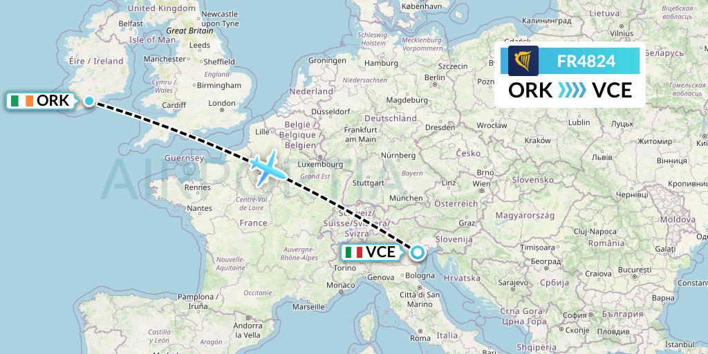 FR4824 Ryanair Flight Map: Cork to Venice