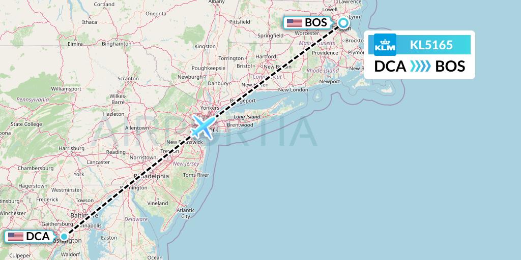 KL5165 KLM Flight Map: Washington to Boston