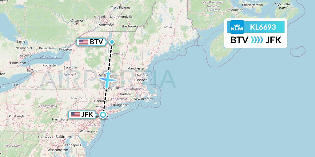 KL6693 KLM Flight Map: Burlington to New York
