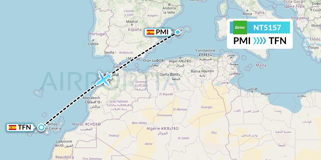 NT5157 Binter Canarias Flight Map: Palma de Mallorca to Tenerife