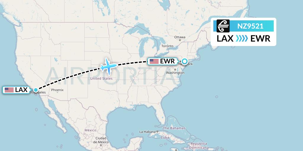 NZ9521 Air New Zealand Flight Map: Los Angeles to New York