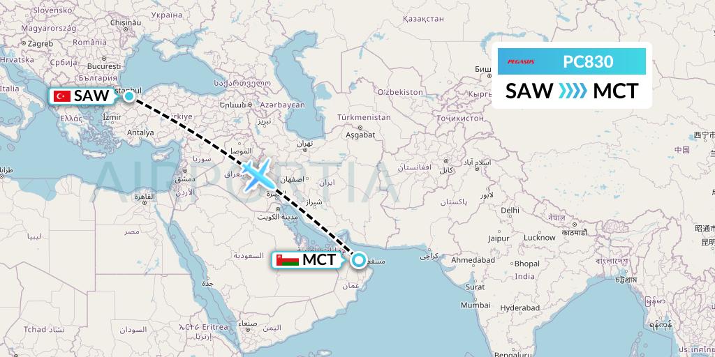PC830 Pegasus Airlines Flight Map: Istanbul to Muscat