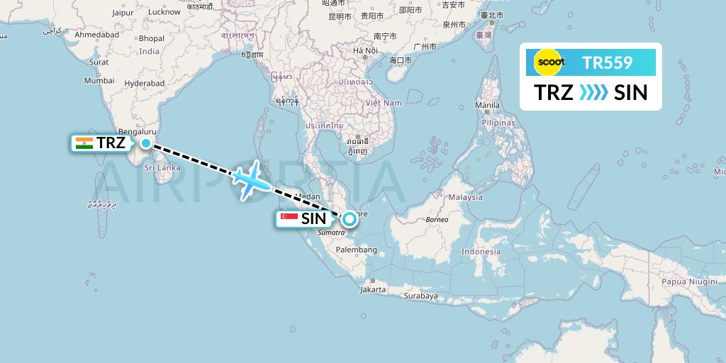 TR559 Tigerair Flight Map: Tiruchirapalli to Singapore