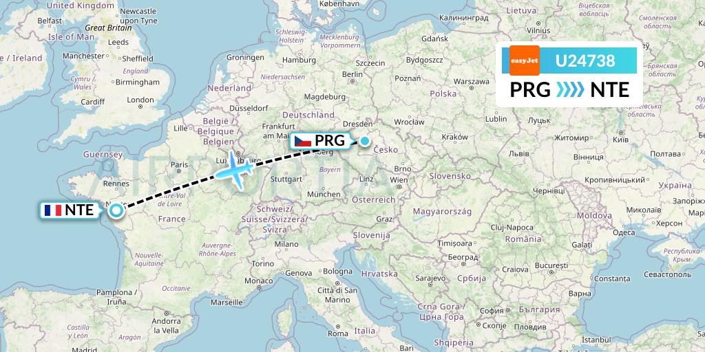 U24738 EasyJet Flight Map: Prague to Nantes