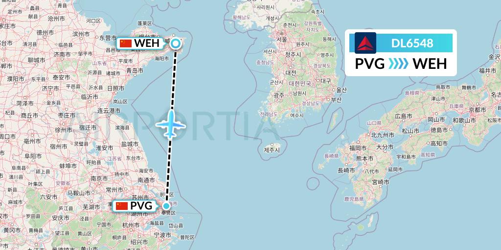 DL6548 Delta Air Lines Flight Map: Shanghai to Weihai