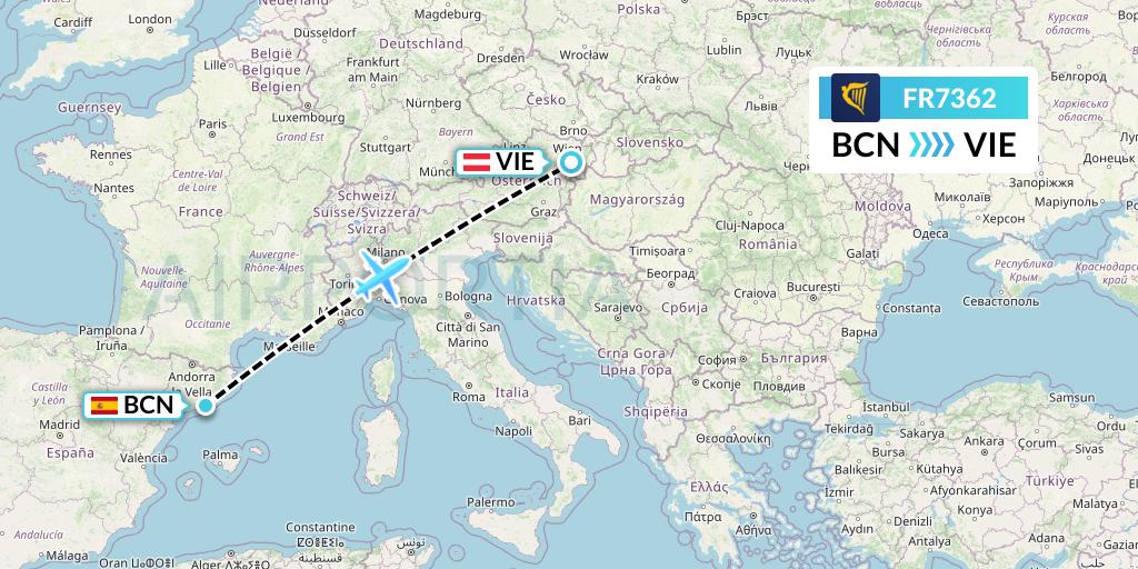 FR7362 Ryanair Flight Map: Barcelona to Vienna