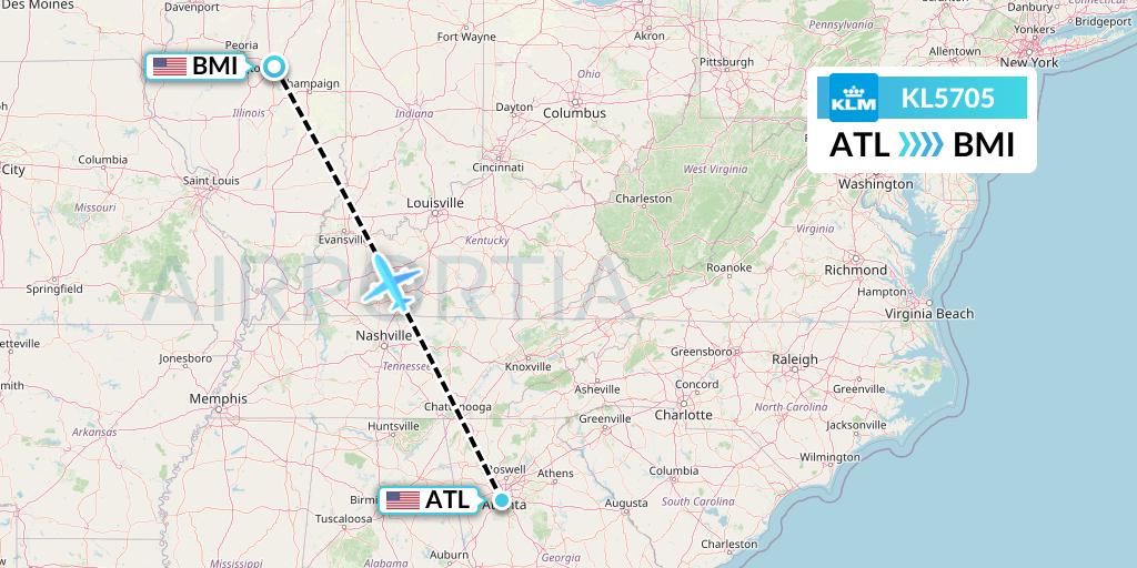 KL5705 KLM Flight Map: Atlanta to Bloomington