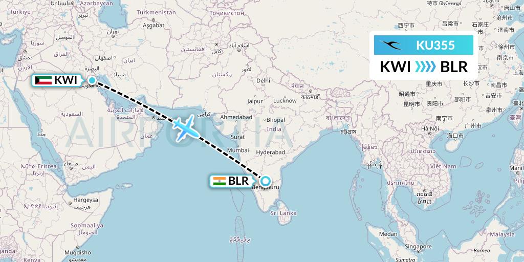 KU355 Kuwait Airways Flight Map: Kuwait City to Bangalore