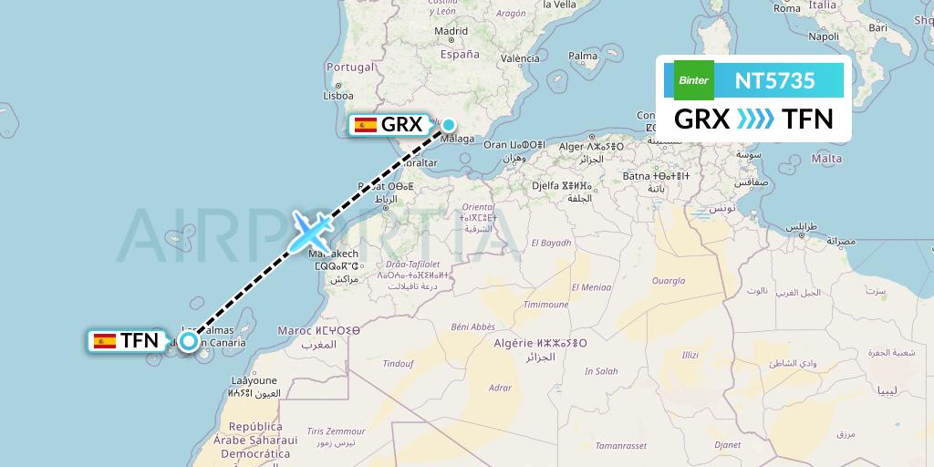 NT5735 Binter Canarias Flight Map: Granada to Tenerife