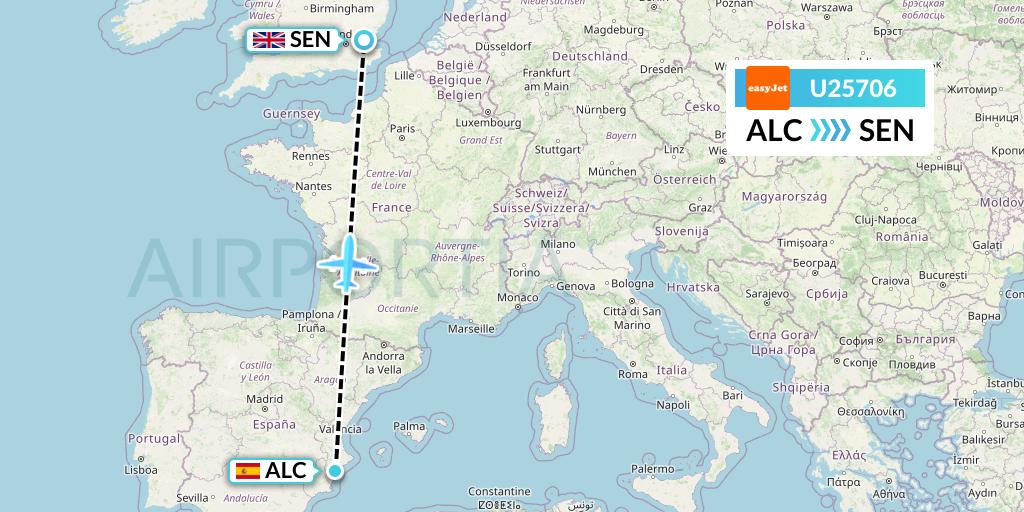 U25706 EasyJet Flight Map: Alicante to Southend