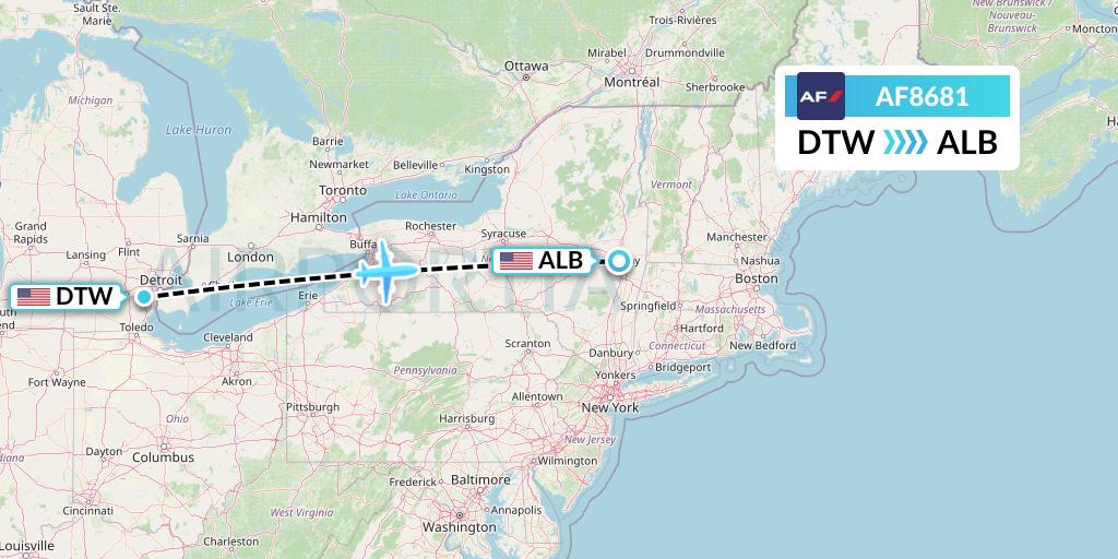 AF8681 Air France Flight Map: Detroit to Albany