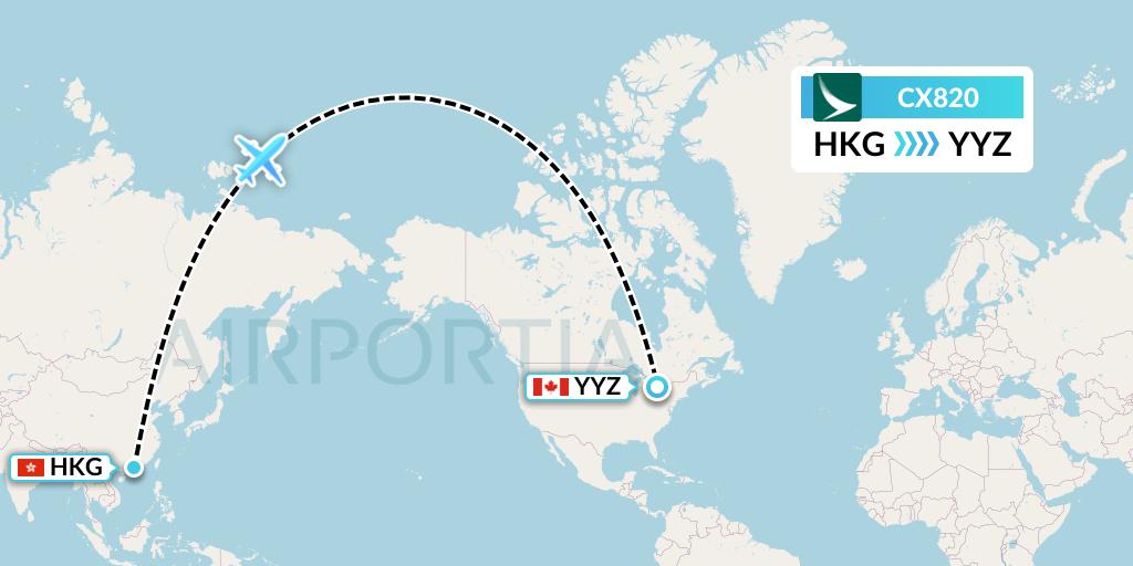 CX820 Cathay Pacific Flight Map: Hong Kong to Toronto