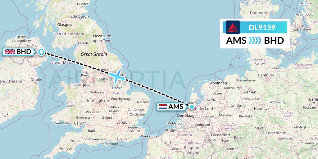 DL9159 Delta Air Lines Flight Map: Amsterdam to Belfast