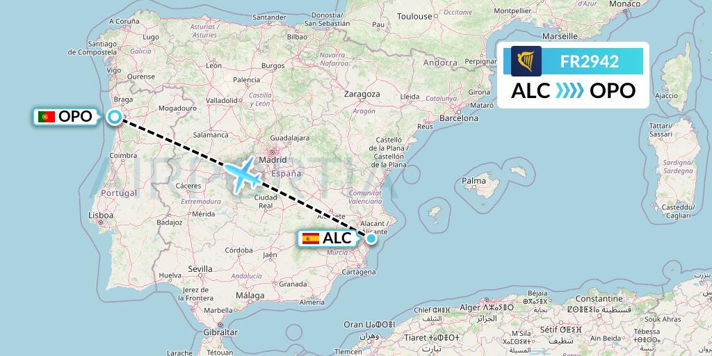 FR2942 Ryanair Flight Map: Alicante to Porto