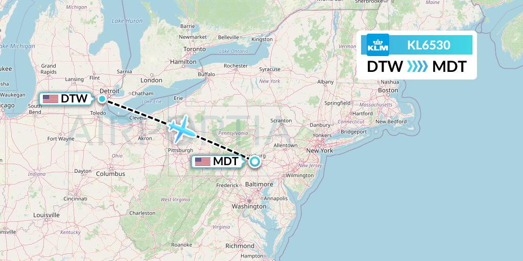 KL6530 KLM Flight Map: Detroit to Harrisburg