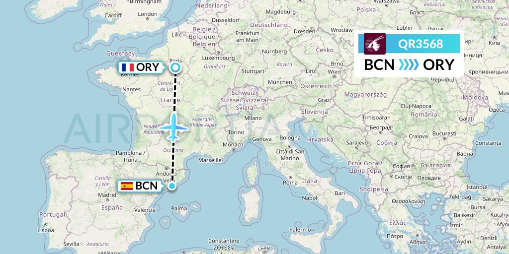 QR3568 Qatar Airways Flight Map: Barcelona to Paris