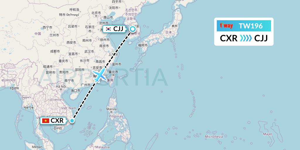 TW196 T'way Air Flight Map: Nha Trang to Cheongju