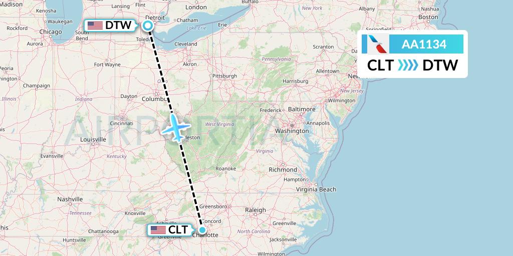 AA1134 American Airlines Flight Map: Charlotte to Detroit