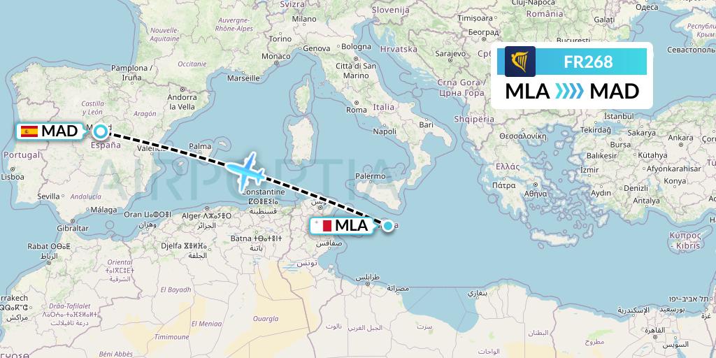 FR268 Ryanair Flight Map: Malta to Madrid