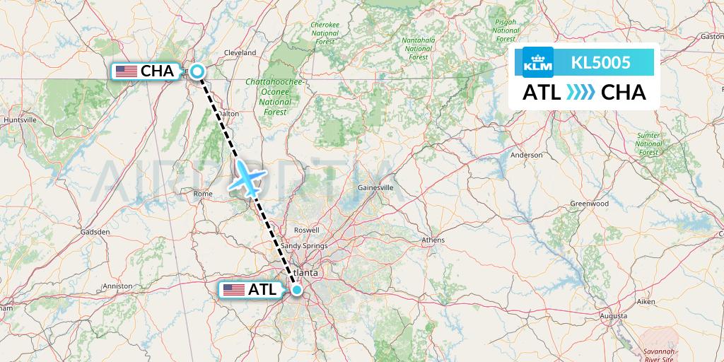KL5005 KLM Flight Map: Atlanta to Chattanooga
