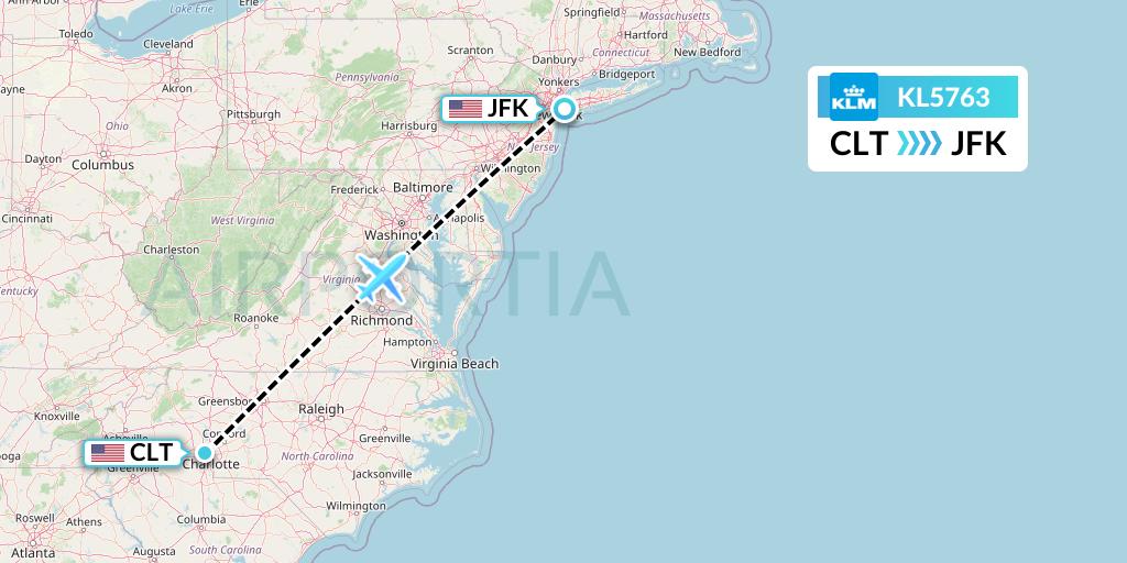 KL5763 KLM Flight Map: Charlotte to New York