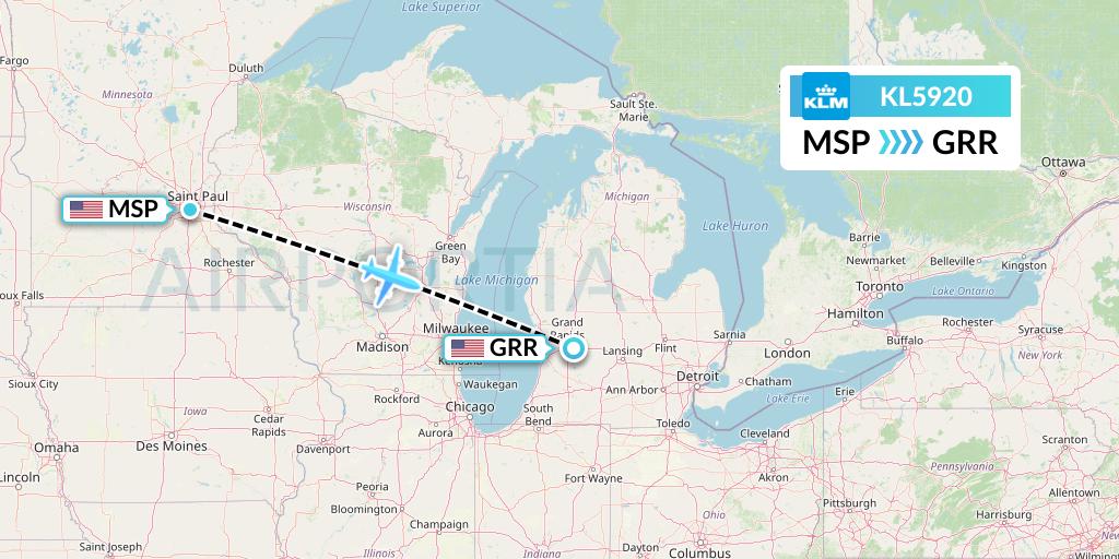 KL5920 KLM Flight Map: Minneapolis to Grand Rapids