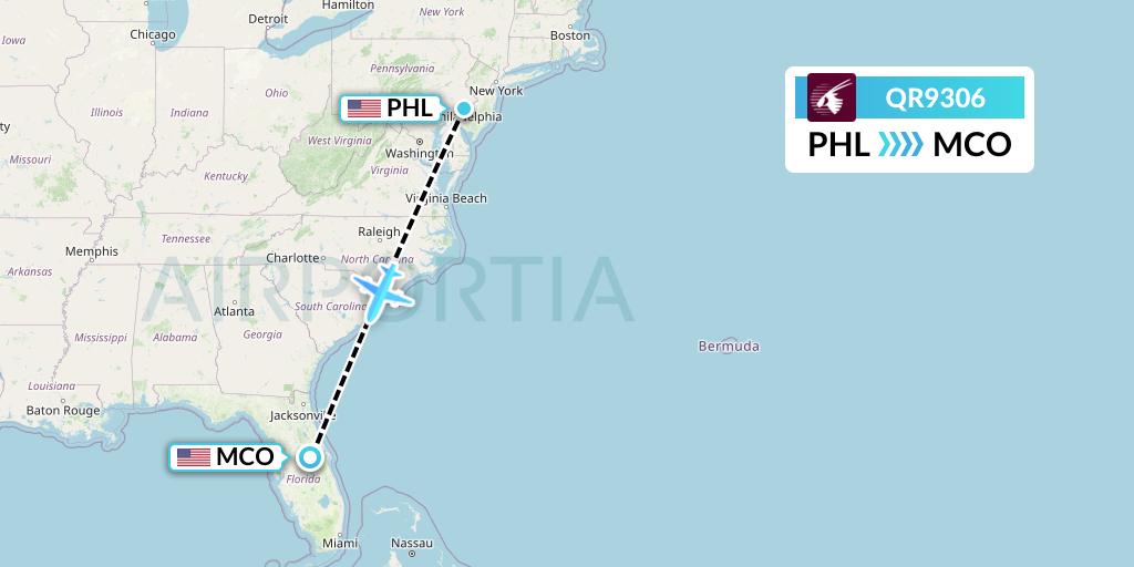 QR9306 Qatar Airways Flight Map: Philadelphia to Orlando
