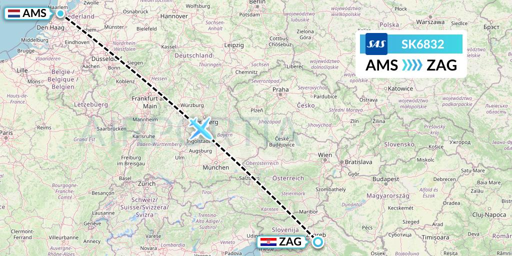 SK6832 SAS Flight Map: Amsterdam to Zagreb