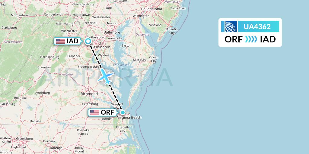 UA4362 United Airlines Flight Map: Norfolk to Washington