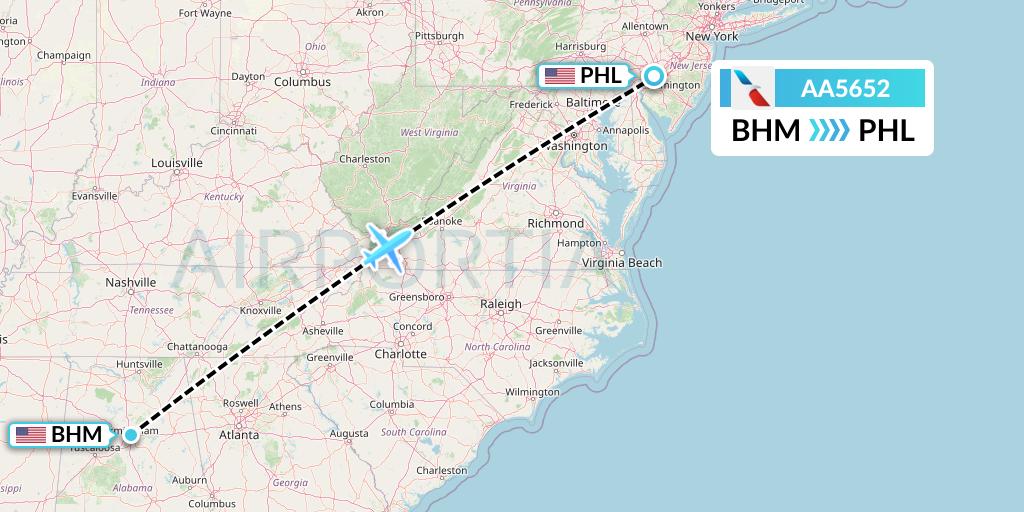 AA5652 American Airlines Flight Map: Birmingham to Philadelphia