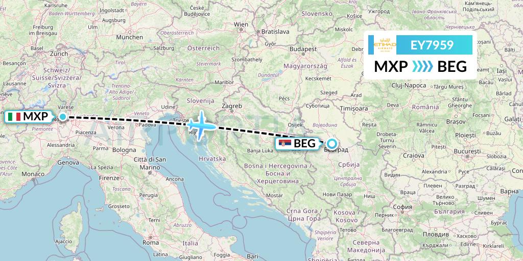 EY7959 Etihad Airways Flight Map: Milan to Belgrade