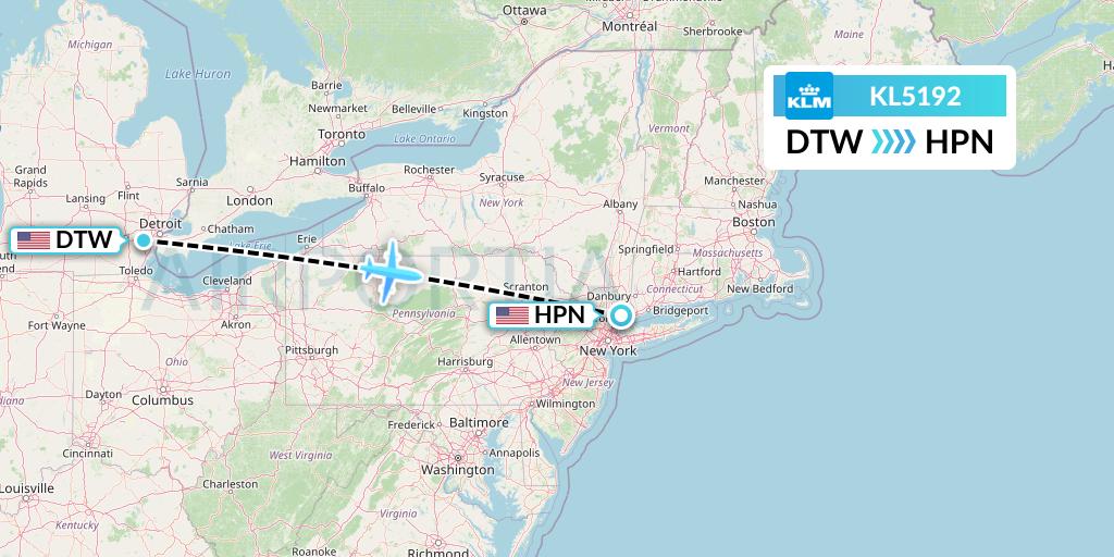 KL5192 KLM Flight Map: Detroit to White Plains
