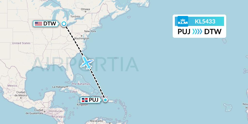 KL5433 KLM Flight Map: Punta Cana to Detroit