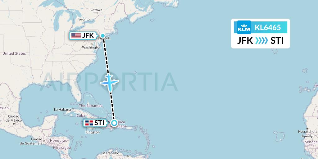 KL6465 KLM Flight Map: New York to Santiago de los Caballeros