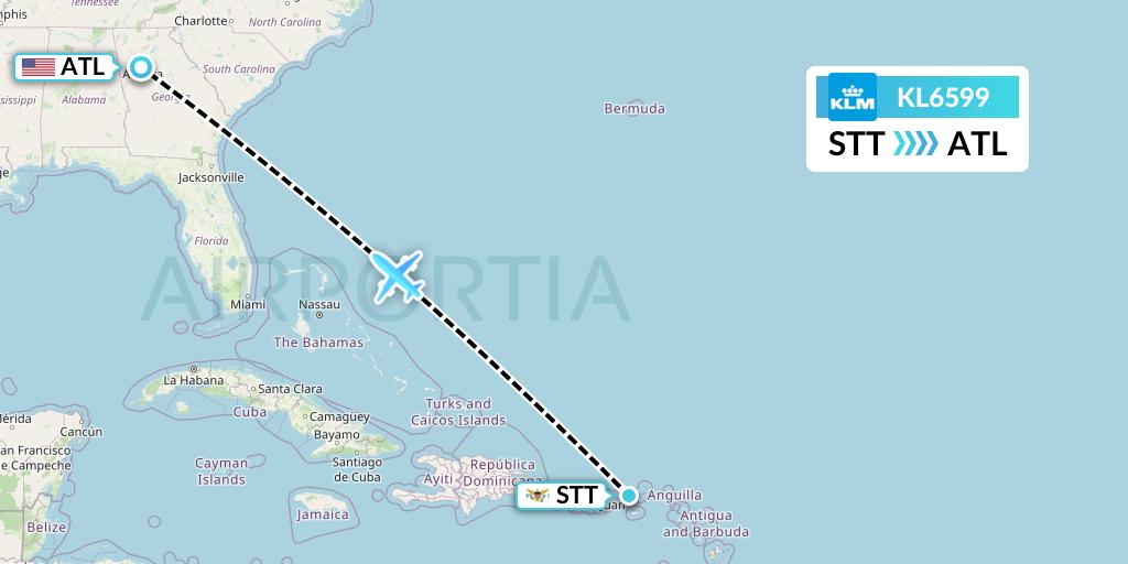 KL6599 KLM Flight Map: St. Thomas to Atlanta