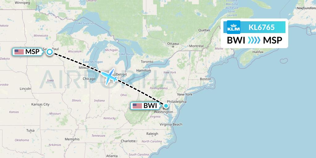 KL6765 KLM Flight Map: Baltimore to Minneapolis