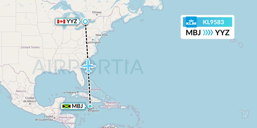 KL9583 KLM Flight Map: Montego Bay to Toronto