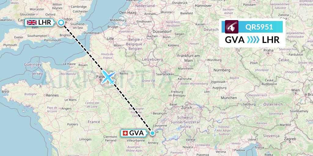 QR5951 Qatar Airways Flight Map: Geneva to London