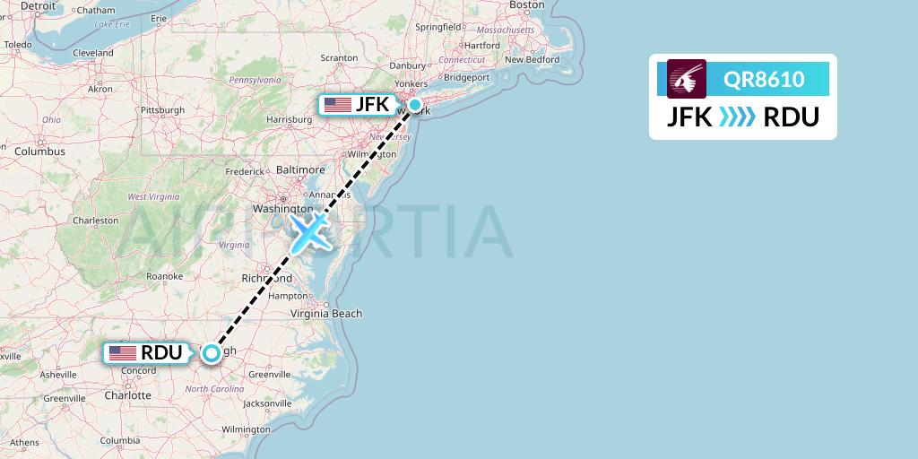 QR8610 Qatar Airways Flight Map: New York to Raleigh-Durham