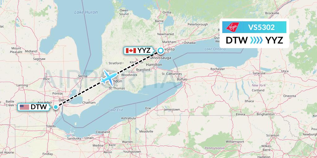 VS5302 Virgin Atlantic Airways Flight Map: Detroit to Toronto