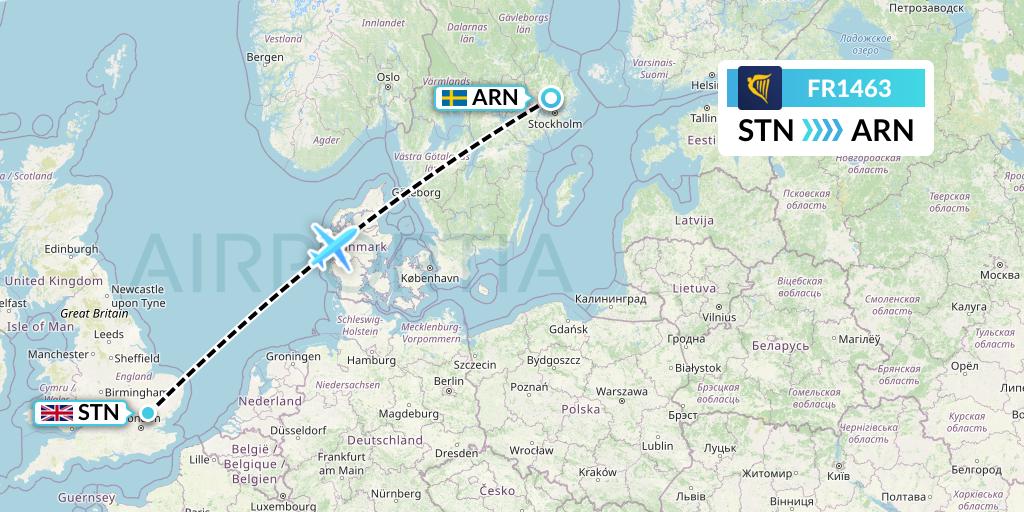 FR1463 Ryanair Flight Map: London to Stockholm