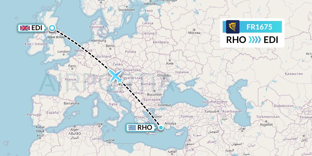 FR1675 Ryanair Flight Map: Rhodes to Edinburgh