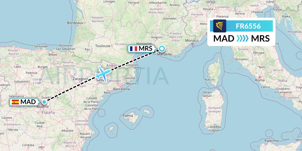 FR6556 Ryanair Flight Map: Madrid to Marseille