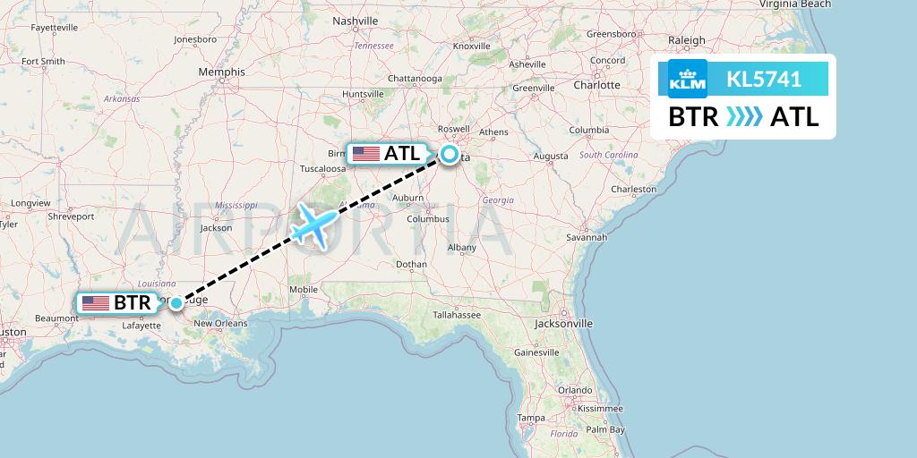 KL5741 KLM Flight Map: Baton Rouge to Atlanta