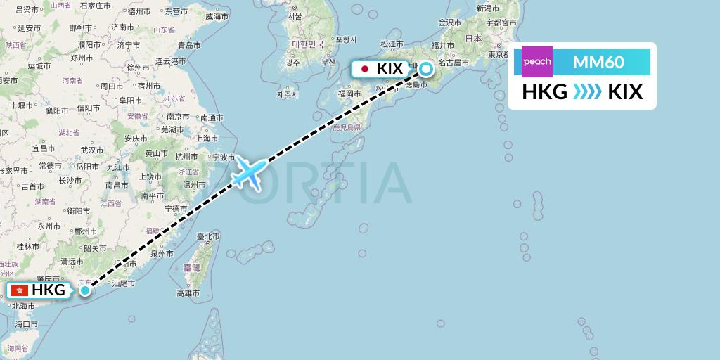 MM60 Peach Aviation Flight Map: Hong Kong to Osaka