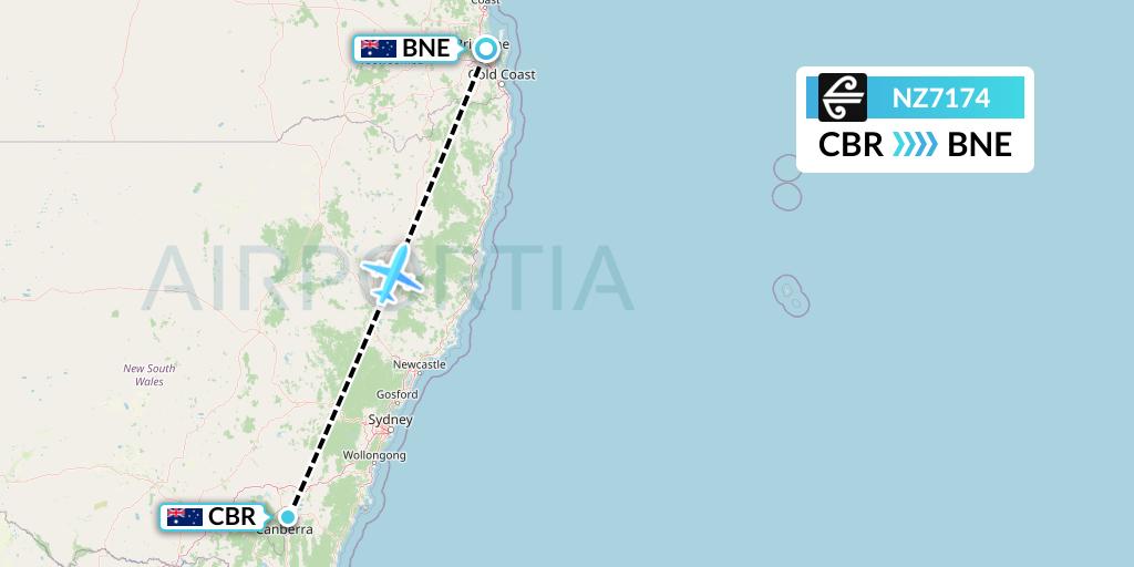 NZ7174 Air New Zealand Flight Map: Canberra to Brisbane