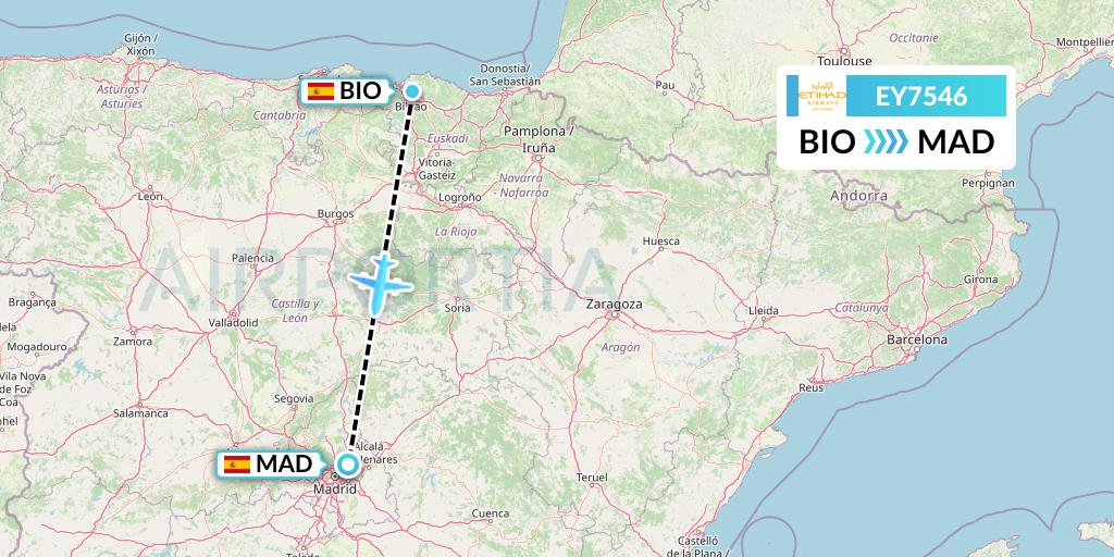 EY7546 Etihad Airways Flight Map: Bilbao to Madrid