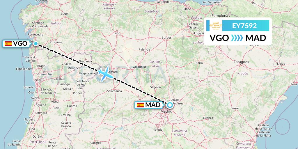 EY7592 Etihad Airways Flight Map: Vigo to Madrid